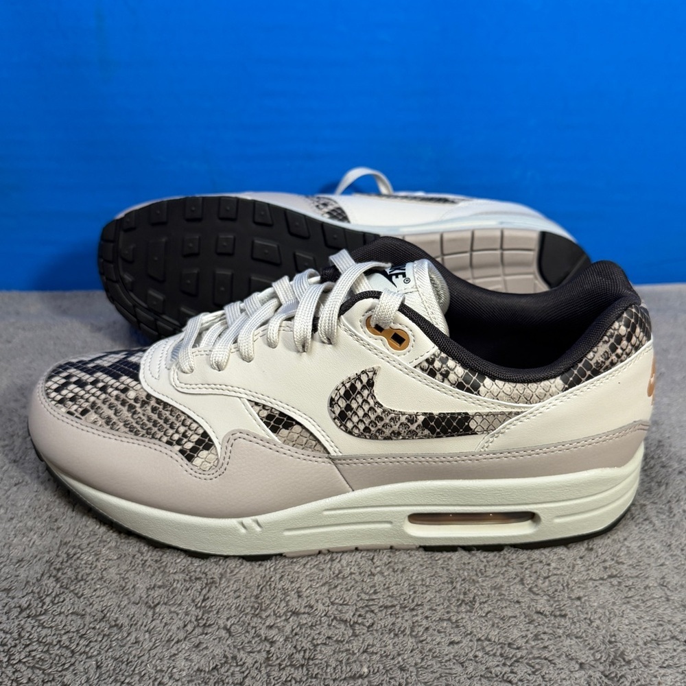 Nike Women’s Air Max 1 Leather Sneakers in Cream, Black & Tan Snake Print - Picture 3 of 14